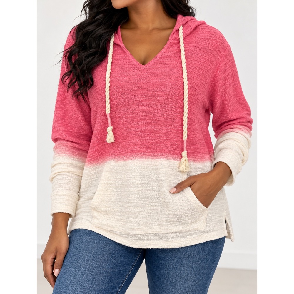Southern Spirit Pink White Dip Dye Slub Knit Hoodie Rope Drawstring Women Medium